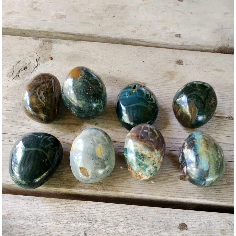 Small Ocean Jasper Palm Stones, orb pattern, carved crystal